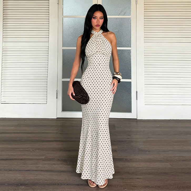 Women's Sexy Summer Polka Dot Print Halter-Neck Pleated Backless Dress
