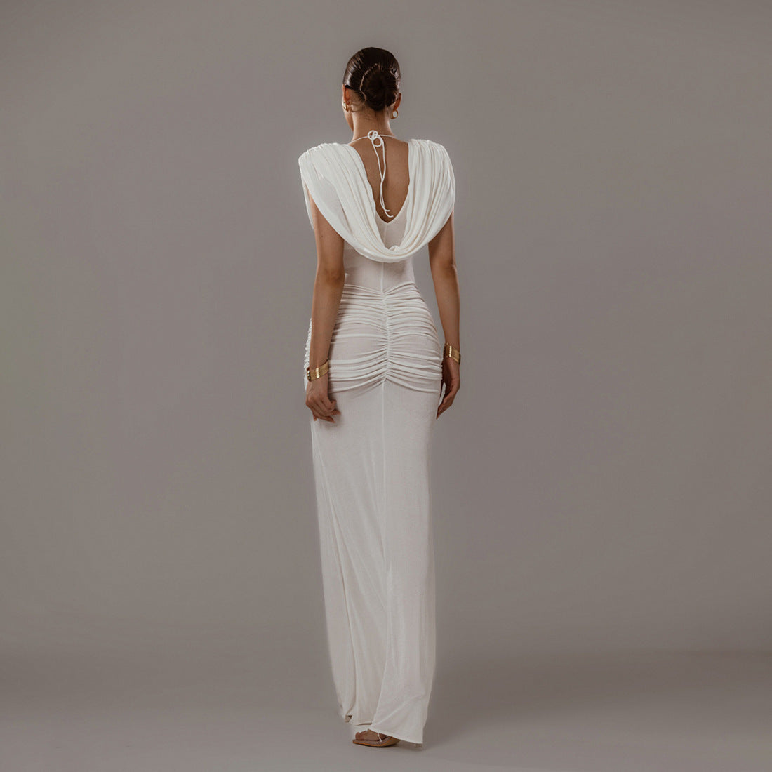 Women's Solid Color Swing Collar Sleeveless Tight Waist Pleated Slim-Fit Dress