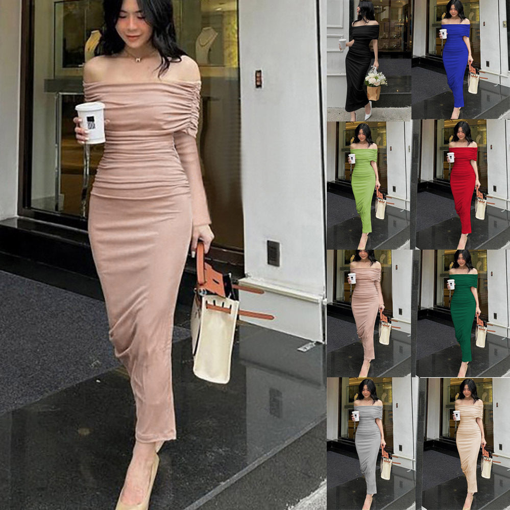 Women's Off Shoulder Pleated Split Maxi Dress