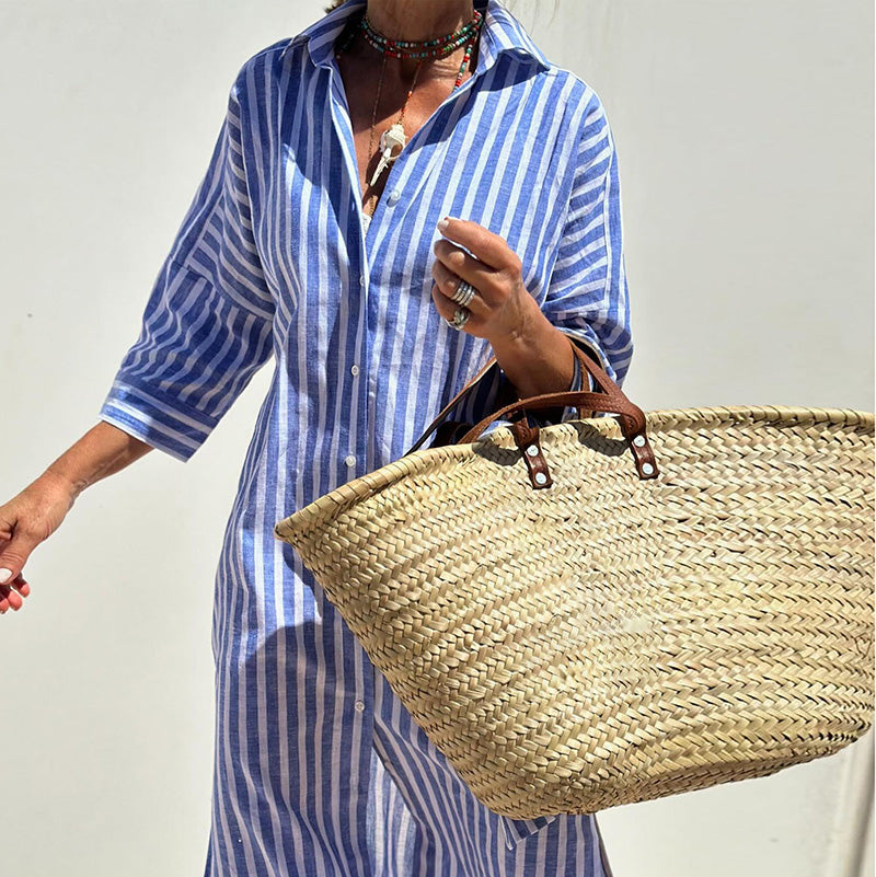 Women's Casual Lapel Stripe Shirt Split Midi Dress