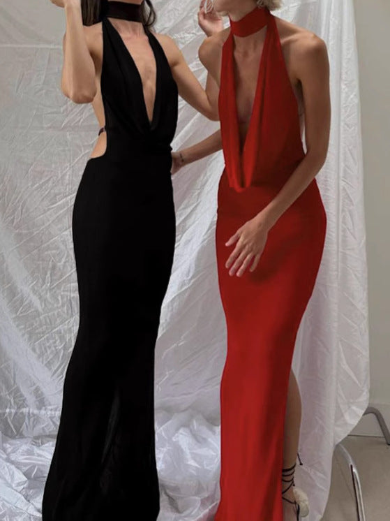Women's Sexy Backless Halter Neck Slim-Fit Maxi Formal Dress