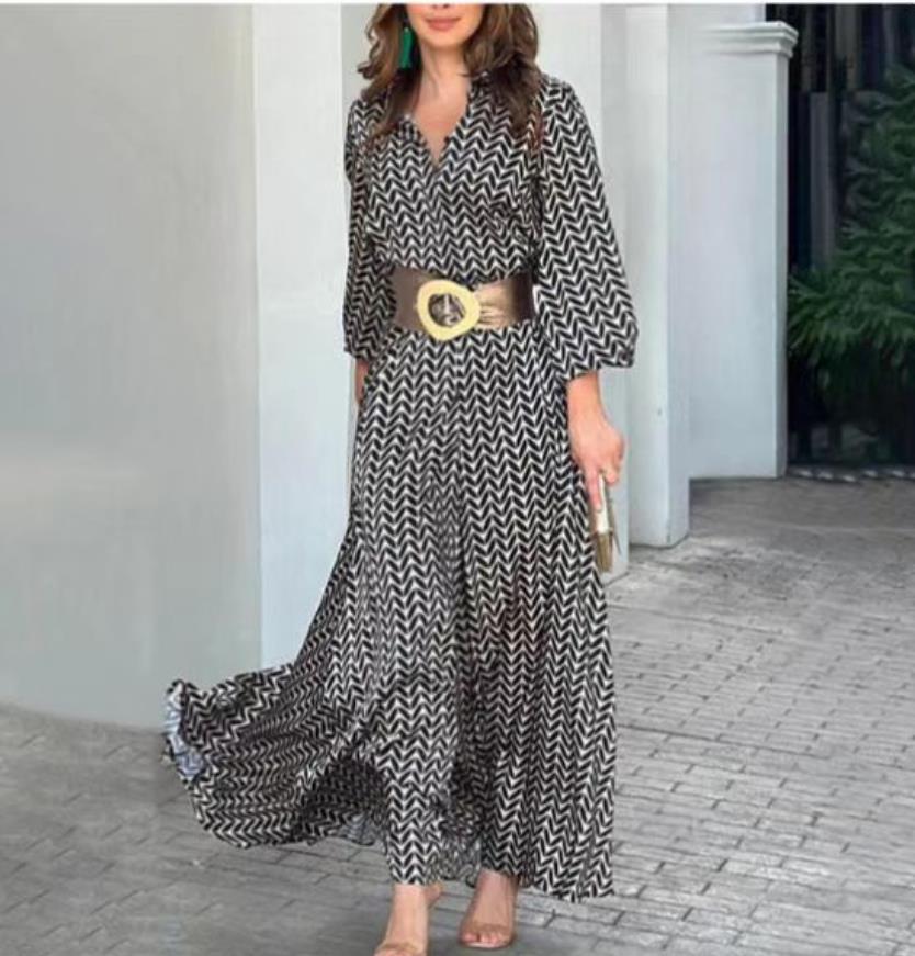Women's Casual Geometric Print V-Neck Long Sleeve Maxi Dress