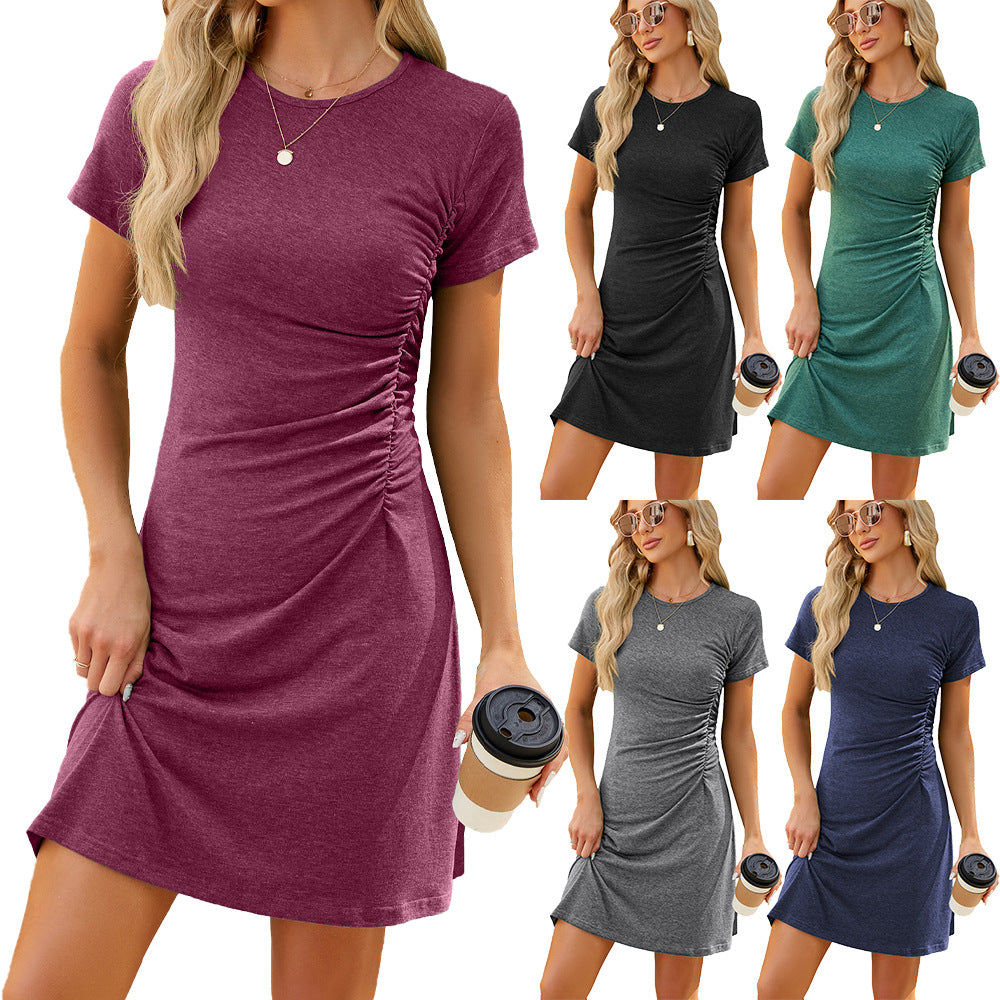 Summer Basic Solid Color Round Neck Pleated Slim-Fit Short Sleeve Dress