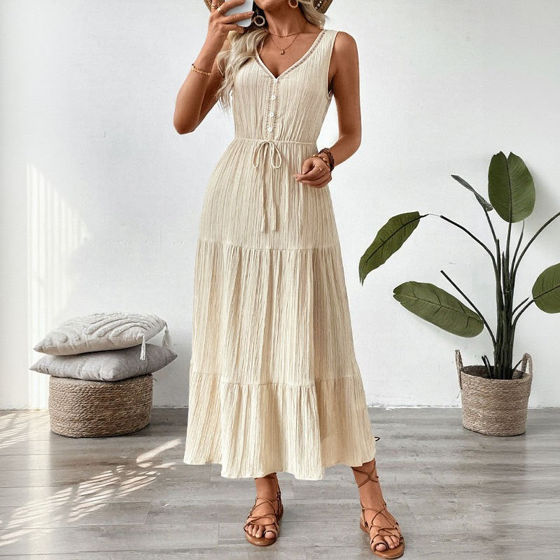 Women's Casual Solid Color V-Neck Sleeveless Loose Dress
