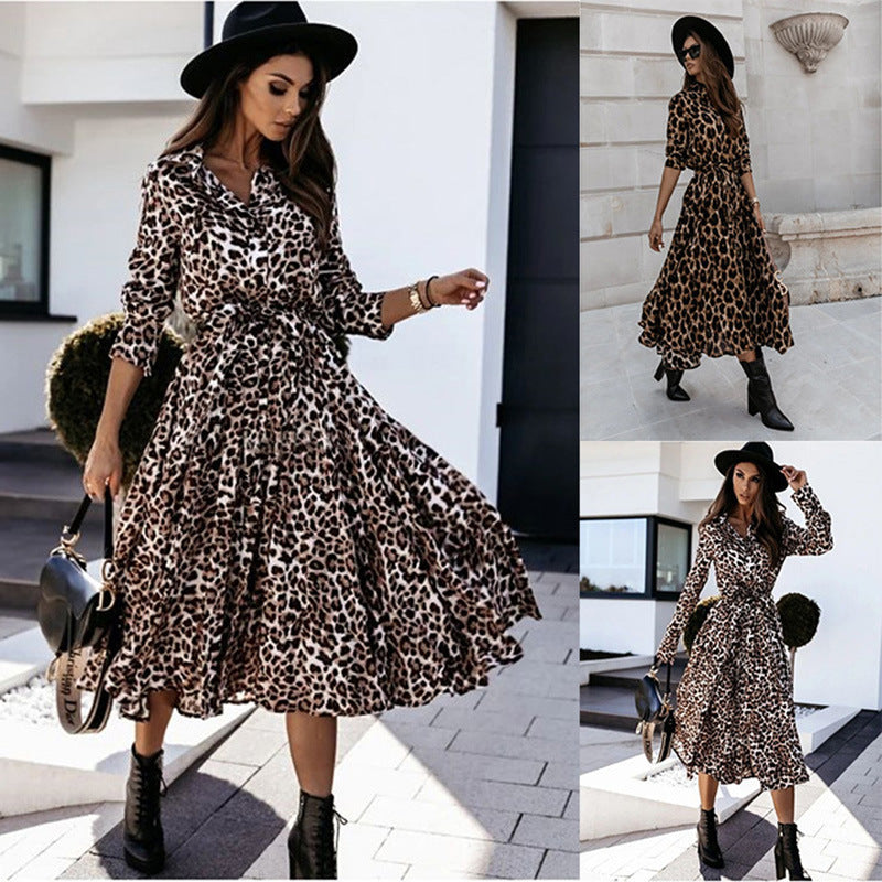 Women's Autumn Winter Long Sleeve Leopard Print Casual Midi Dress