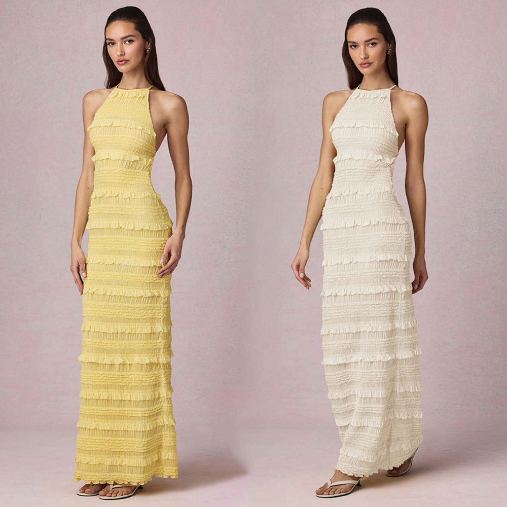 Women's Solid Color Lotus Leaf Lace Sleeveless Backless Neck Strap Long Dress