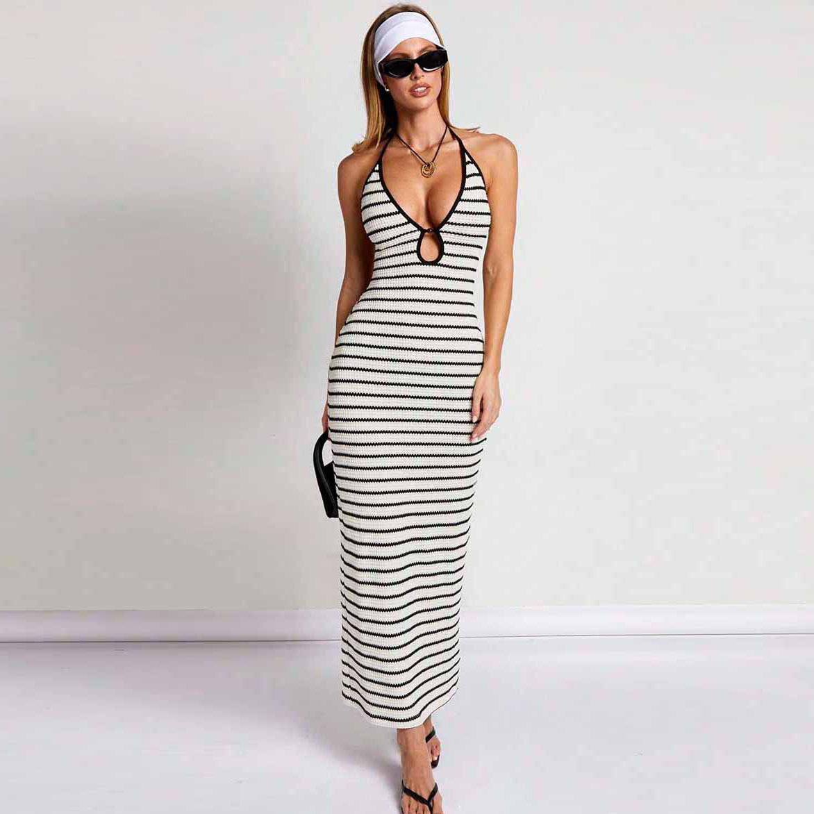 Women's Summer Sexy Stripe Neck Hollow Backless Bodycon Maxi Dress