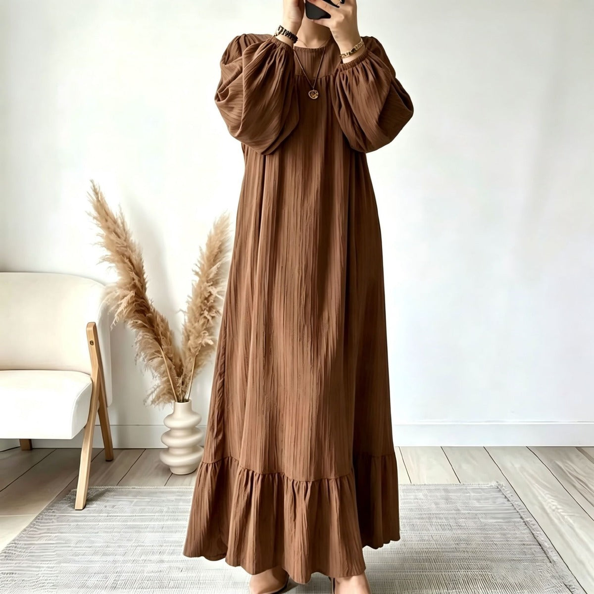 Women's Spring and Solid Color Round Neck Long Sleeve Long Ruffled Hem Dress