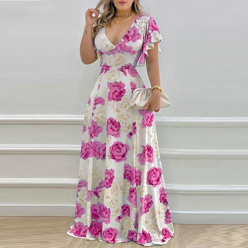 Women's Casual Elegant Floral Printed V-Neck Loose Dress