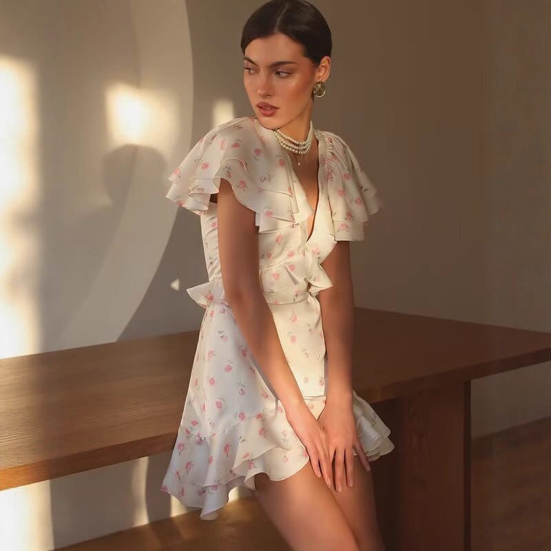 Women's Summer Tiny Flower Print Ruffled V-Neck Mini Floral Dress