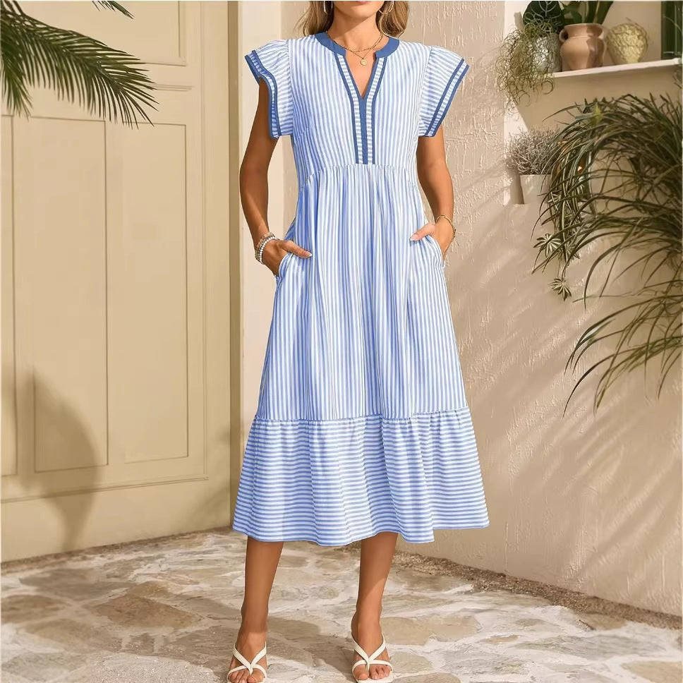 Women's Casual Stripe Ruffled V-Neck Short Sleeve Loose Dress
