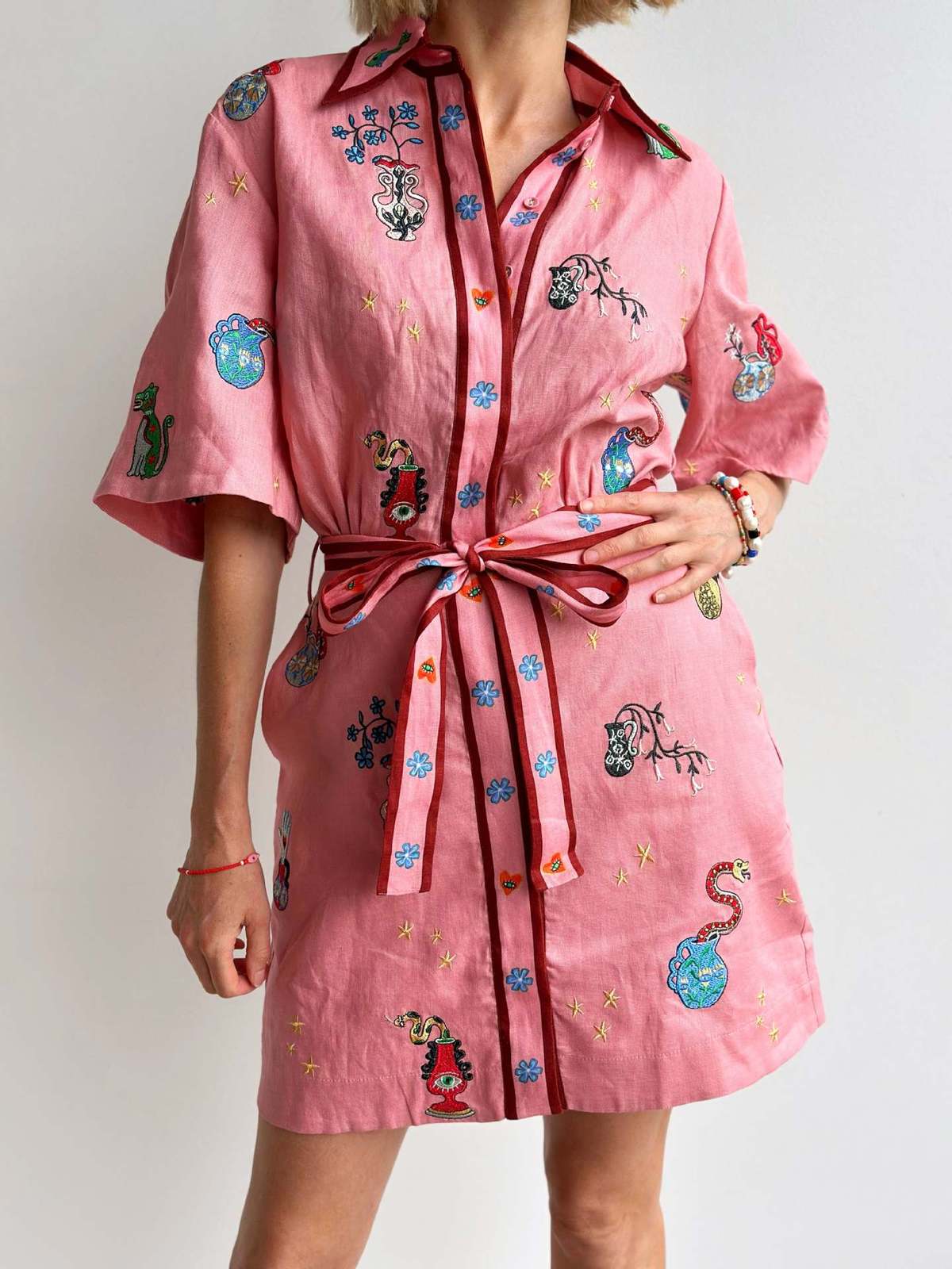 Women's Casual Linen Printed Lace-Up Short Sleeve Dress