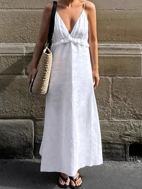 Women's Casual Solid Color Cotton Linen V-Neck Ruffled Loose Maxi Dress