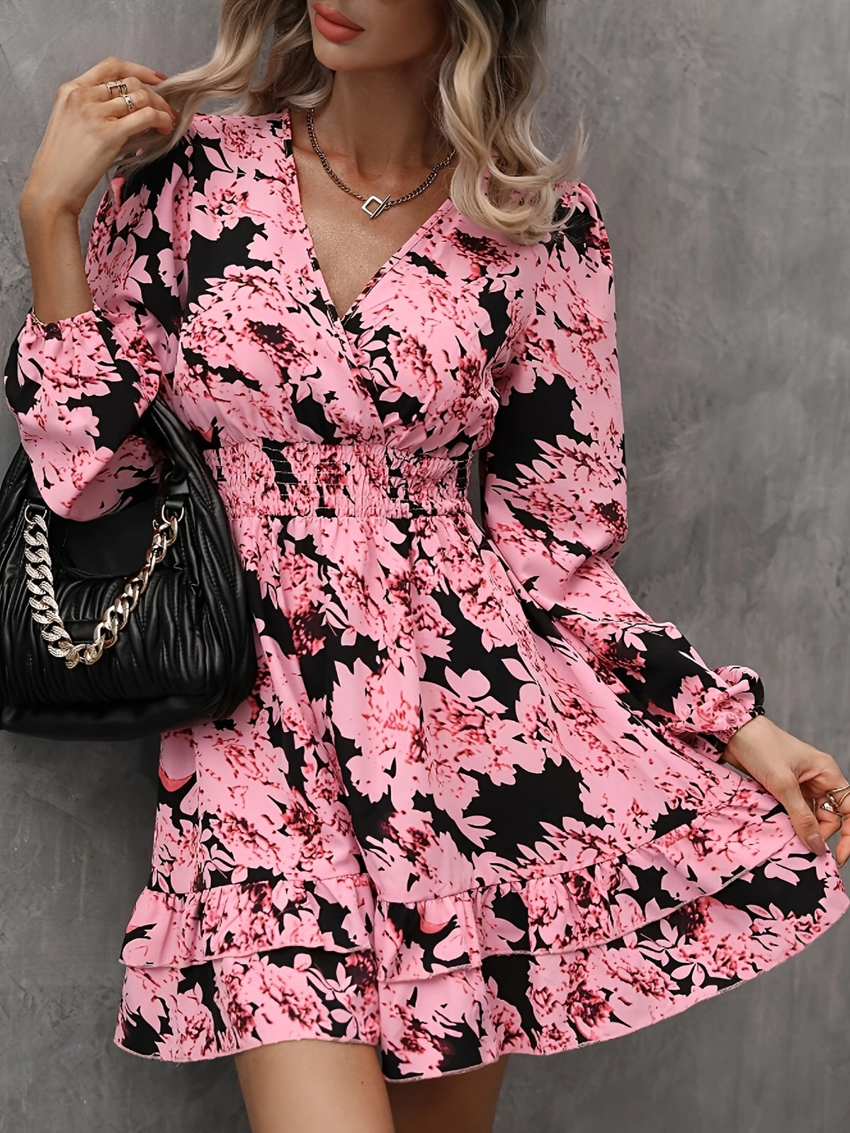 Women's Elegant Casual Floral Print V-Neck Long Sleeve Ruffled Dress