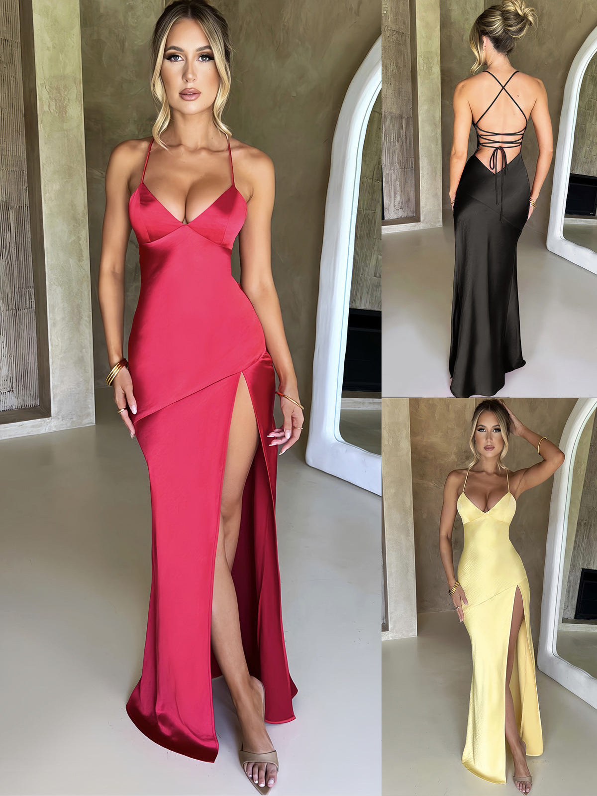 Women's Sexy Solid Color Sling Side Split Maxi Dress
