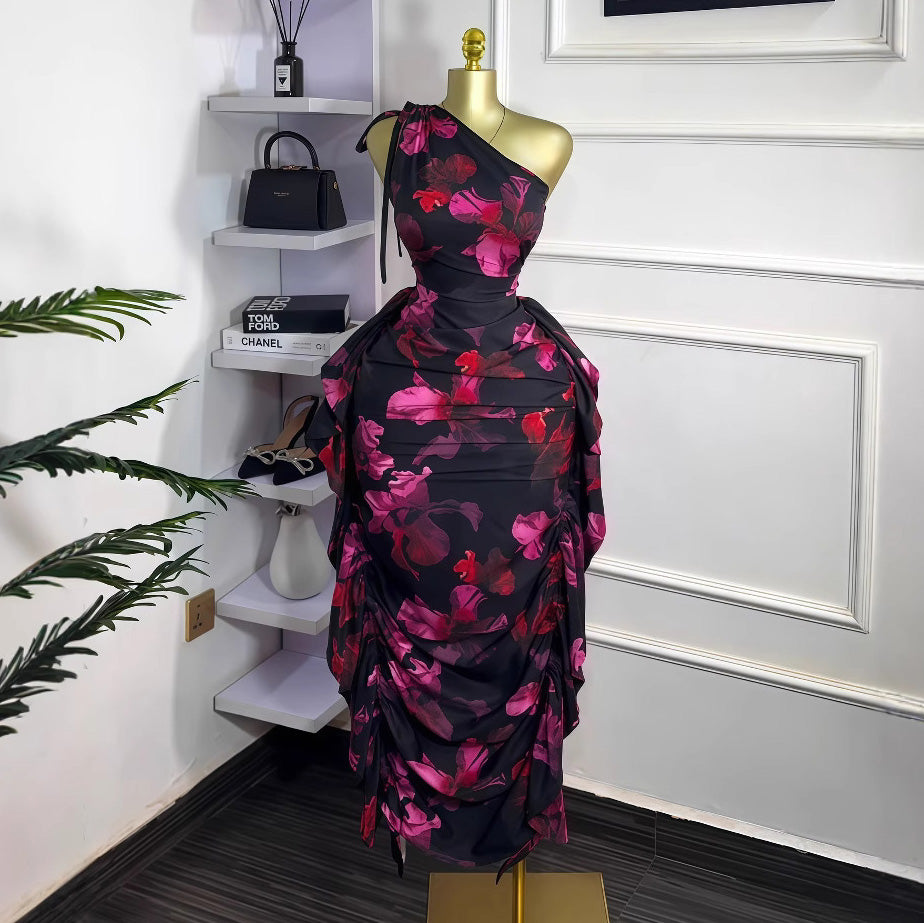 Women's Sexy Floral Printed Sleeveless Slanted Shoulder Lace-Up Ruffled Dress