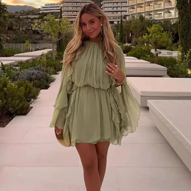 Women's Summer Beach Vacation Solid Color Long Sleeve Ruffled Mini Dress