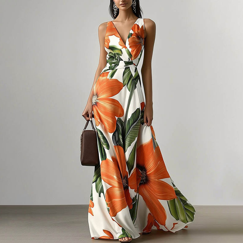 Women's Sexy Floral Printed V-Neck Sleeveless Maxi Dress