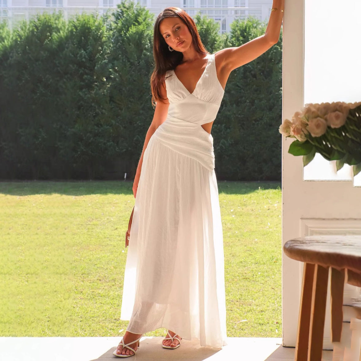Women's Sexy Solid Color Stitching V-Neck Sleeveless Loose Midi Dress