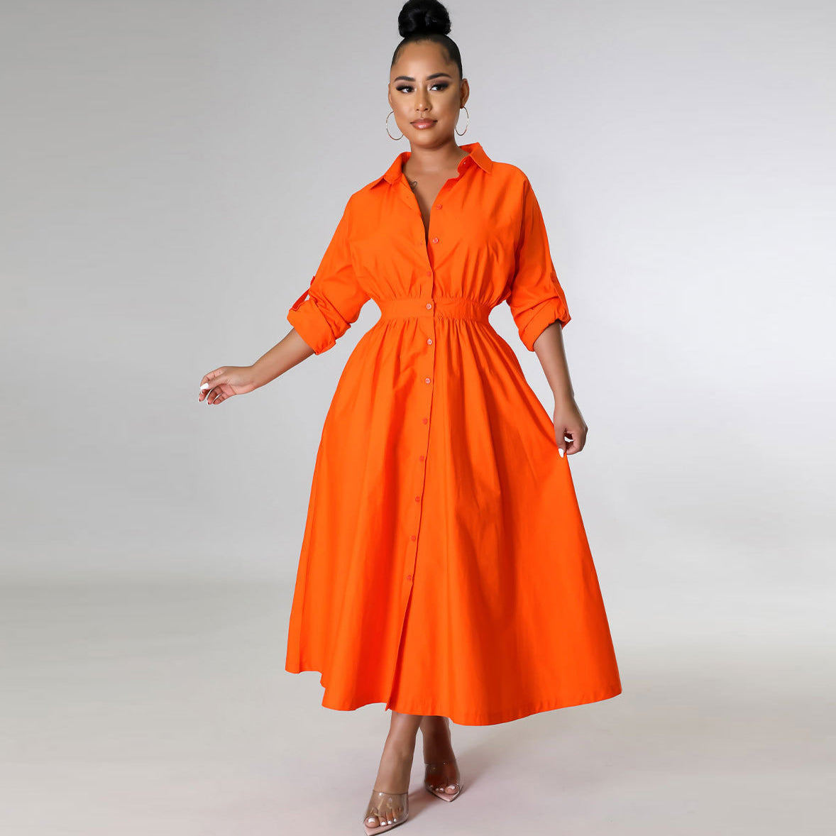 Women's Autumn Solid Color Laps Long Sleeve Single-Breasted A-Line Maxi Dress