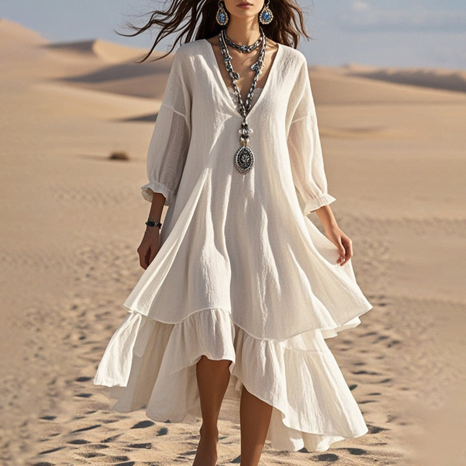 Women's Boho Cotton and Linen Solid Color V-Neck Long Sleeve Loose Maxi Dress