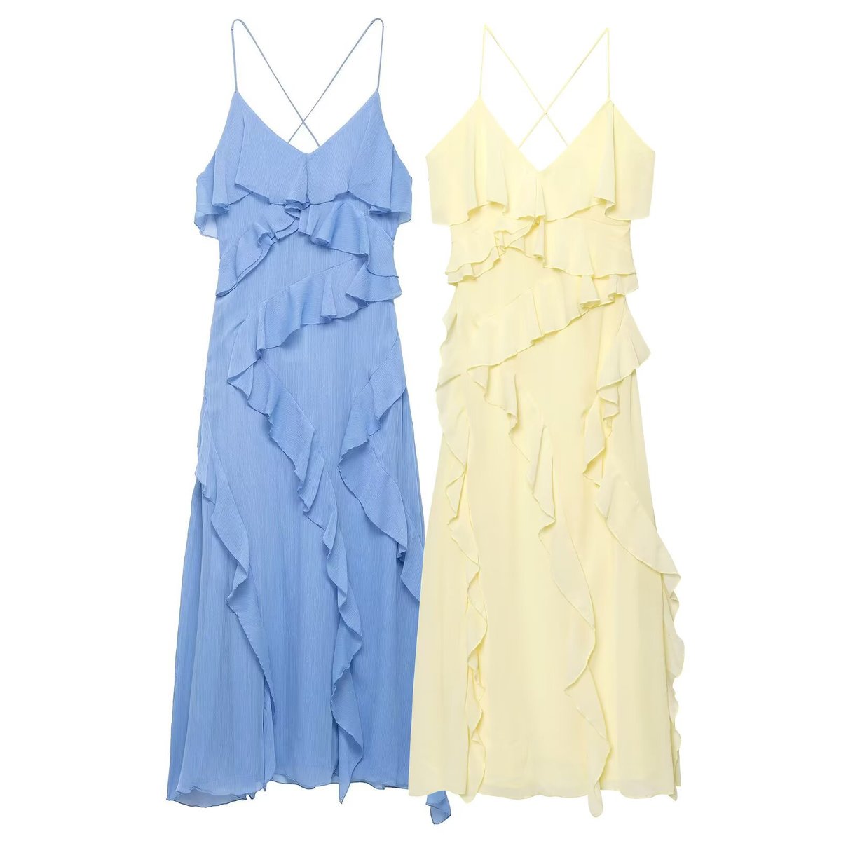 Women's Sexy Summer Solid Color Spaghetti Strap Ruffled Dress