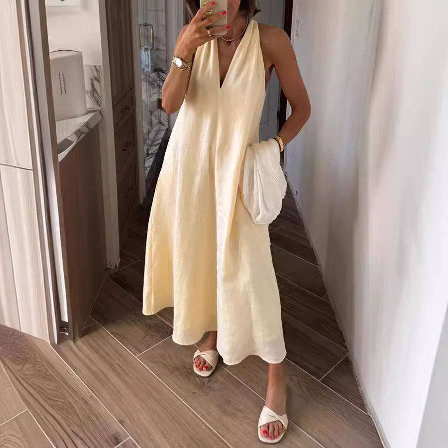Women's Casual Solid Color V-Neck Sleeveless Pocket Loose Dress