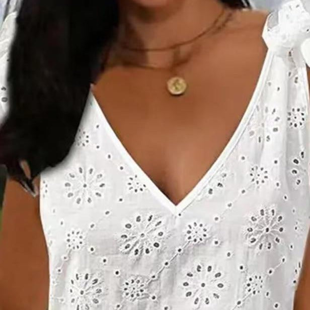 Women's Casual Embroidery Hollow-Out V-Neck Sleeveless Lace-Up Dress