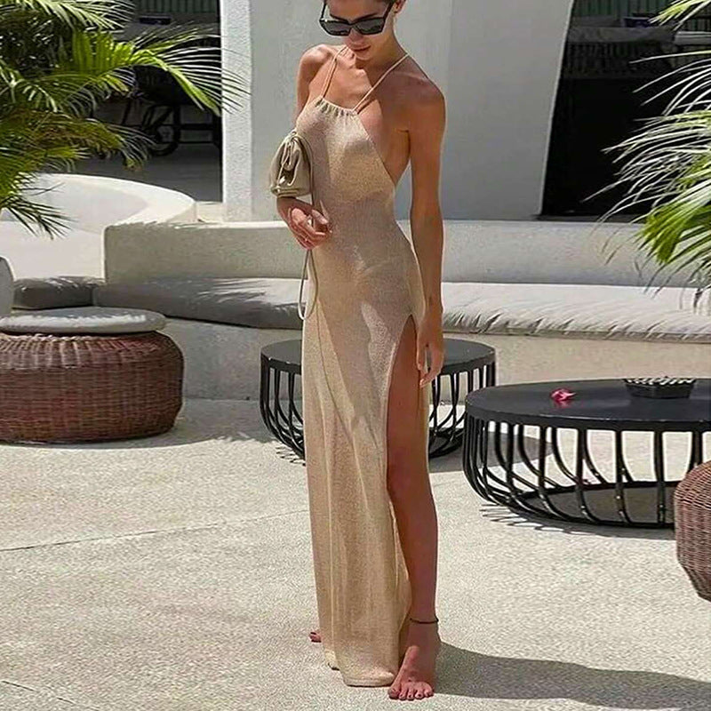 Women's Sexy Solid Color Knitted Halter-Neck Backless Side Slit Maxi Dress