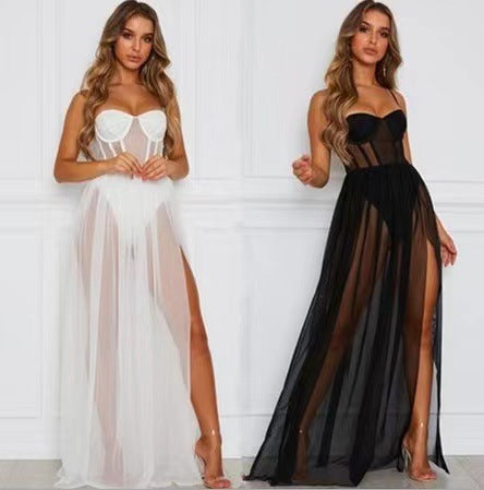 Women's Sexy Mesh Thin Strap Split Long Dress