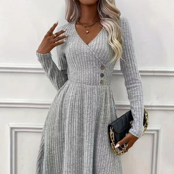 Women's Autumn Winter Solid Color V-Neck Long Sleeve Knitted Midi Dress
