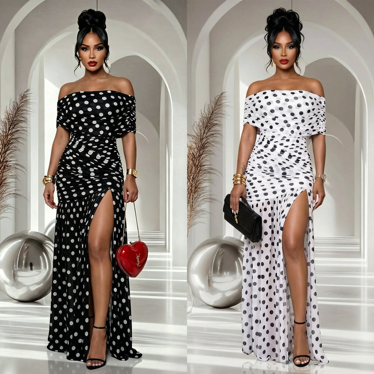 Women's Sexy Polka Dot Print Off-Shoulder Pleated Split Dress