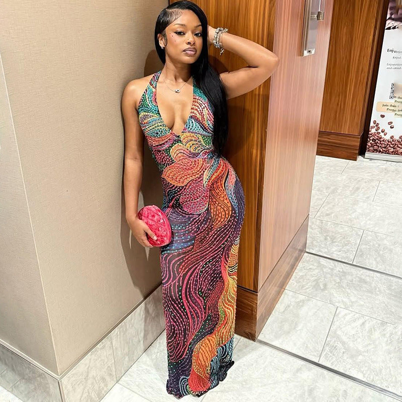 Women's Sexy Halter-Neck Backless Split Maxi Dress-Color, Block Slim-Fit