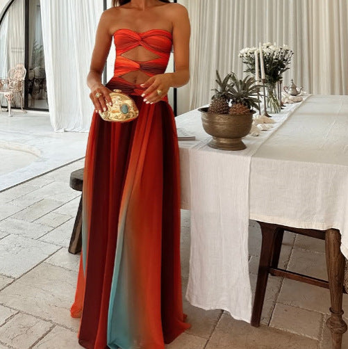 Women's Sexy Vacation Gradient Hollow-Out Tube Top Maxi Dress