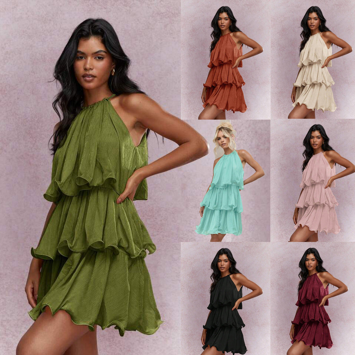 Women's Summer Solid Color Mesh Halter Neck Sleeveless Multi-Layer Ruffled Dress