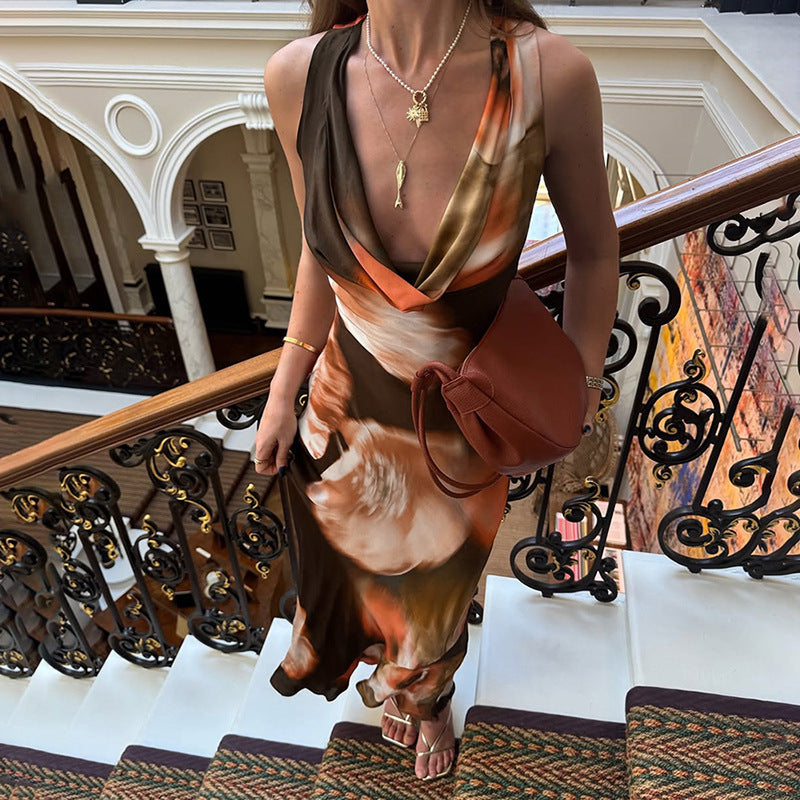 Women's Summer Vintage Cowl Neck Contrast Printed Sleeveless Maxi Dress