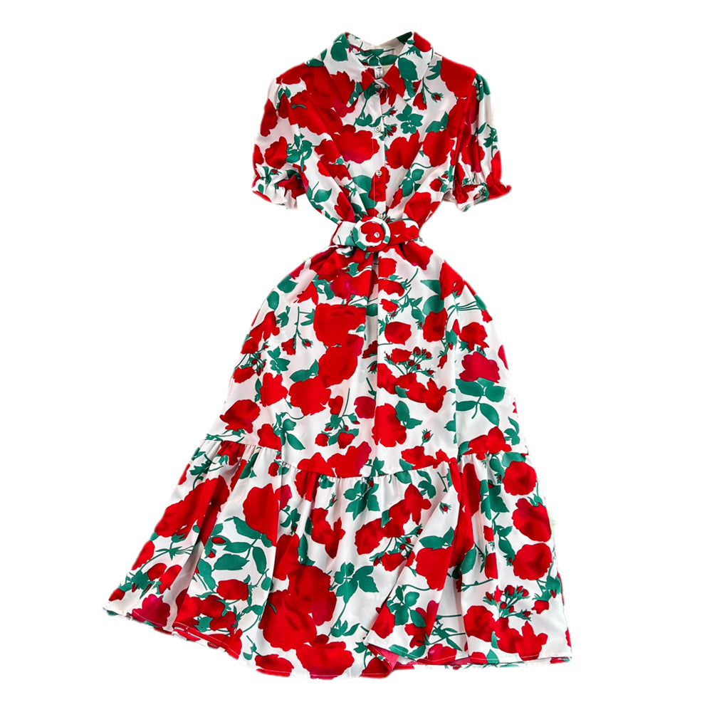 Women's Casual Flower Printed Bubble Short Sleeve Mid-Length A-Line Dress