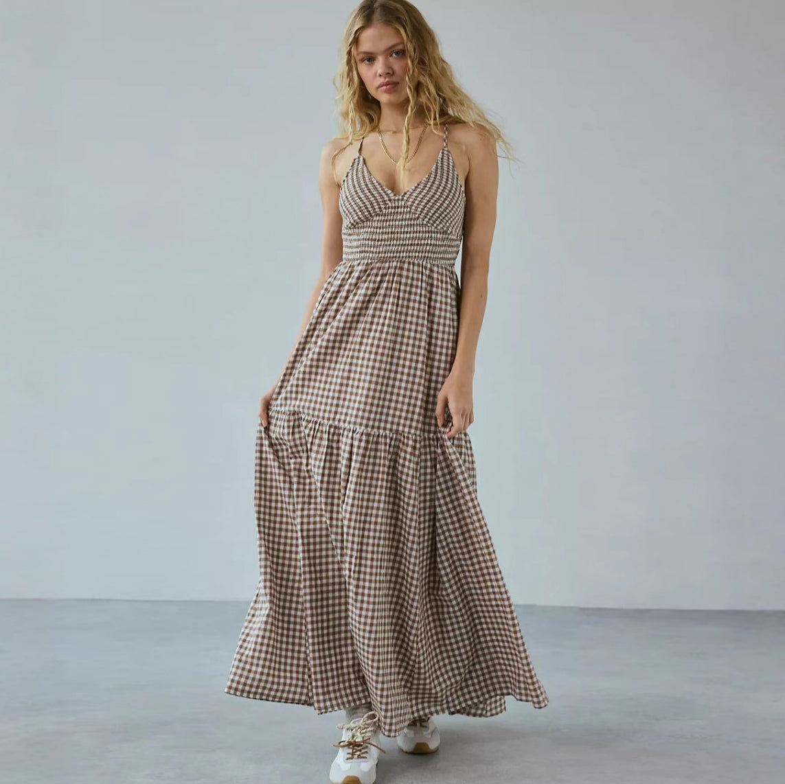 Women's Summer Vacation Casual Vintage Plaid Print Sling Maxi Dress