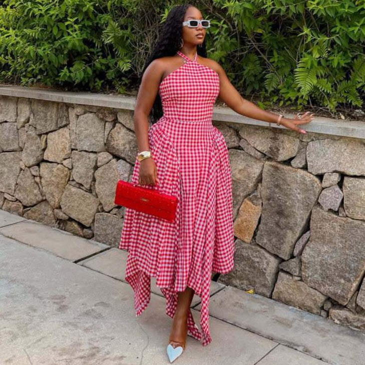 Women's African Hanging Neck Plaid Printed Irregular Hem Dress