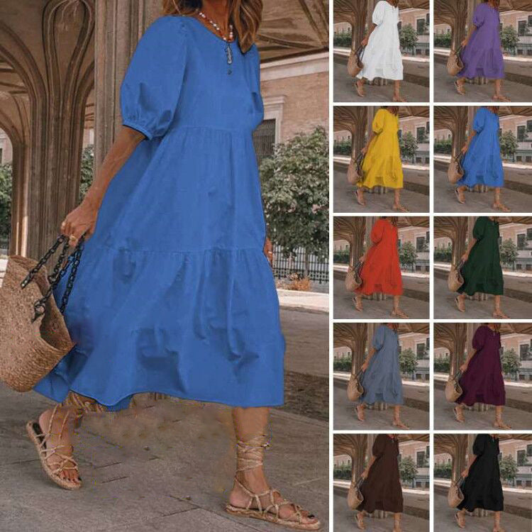 Women's Summer Casual Bohemian Solid Color Loose Midi Dress