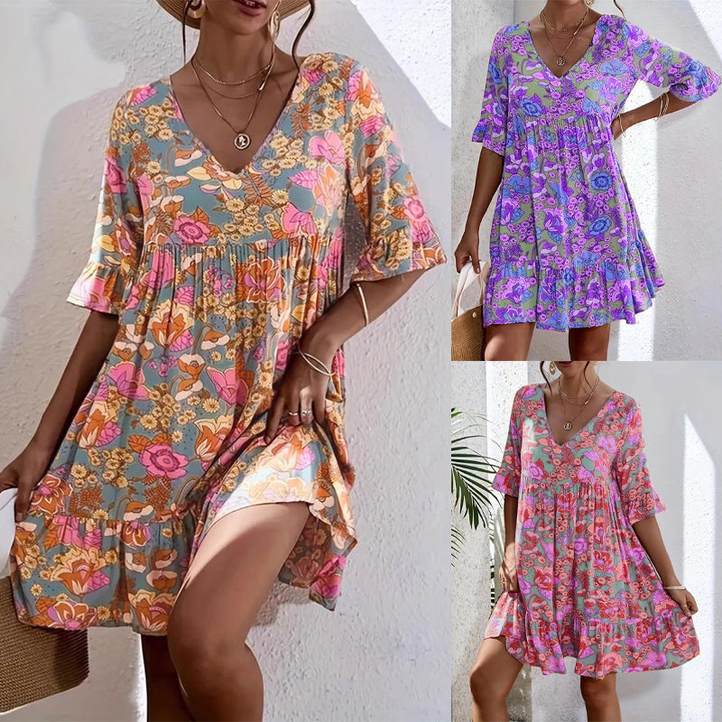 Women's Summer Casual V-Neck Floral Print Bohemian Dress