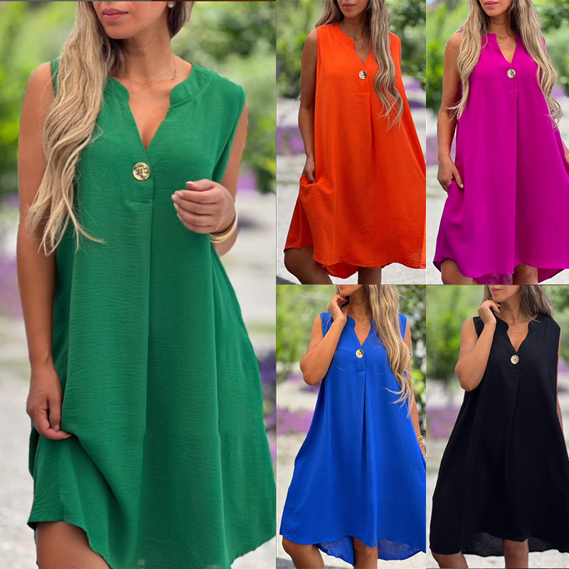 Women's Summer Casual V-Neck Solid Color Sleeveless Midi Dress
