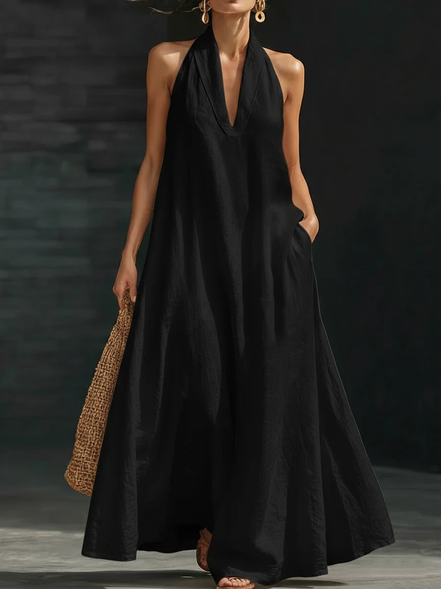 Women's Casual Summer Solid Color V-Neck Halter-Neck Loose Dress