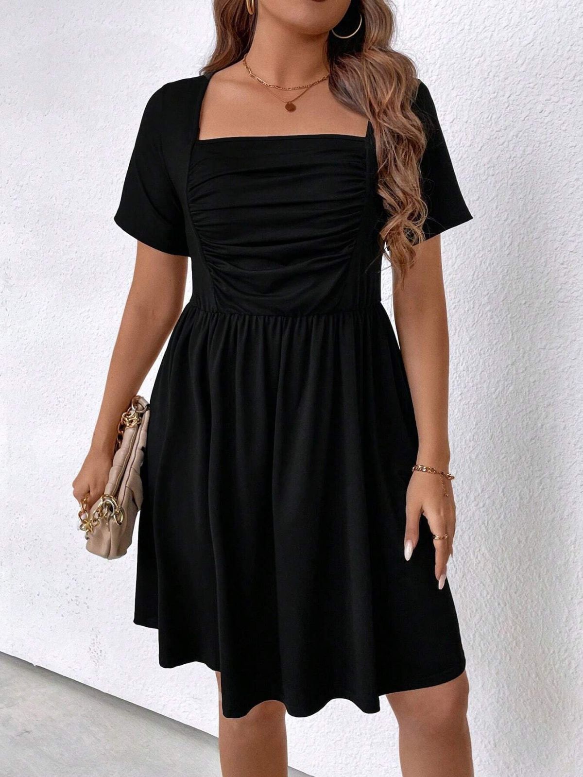 Women's Plus Size Square Collar Defined Waist Dress, Elegant Solid