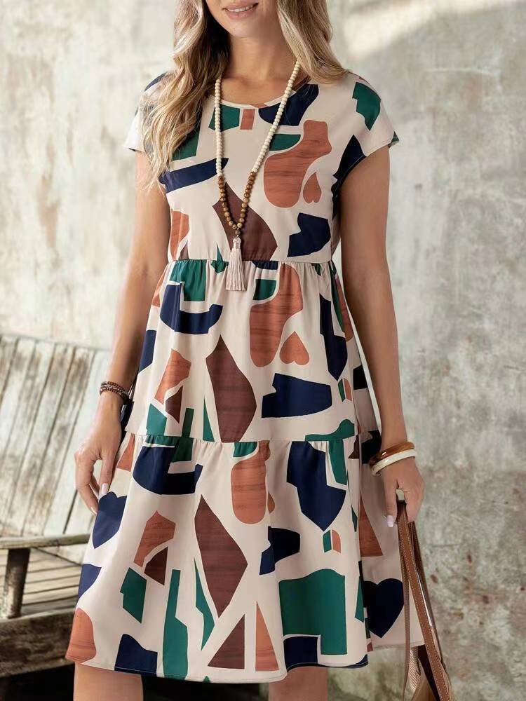 Women's Casual Printed Loose Midi Dress with Splice Skirt, Design