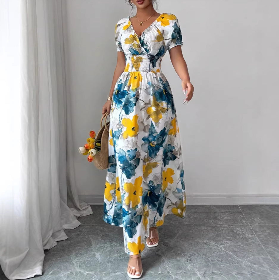 Women's Casual Summer Floral Print V-Neck Bubble Sleeve A-Line Dress
