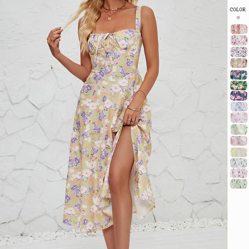 Women's Summer Floral Print Strap Side Slit Midi A-Line Dress