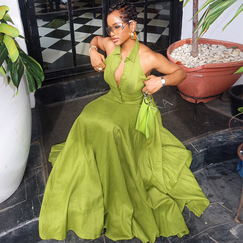 Women's Summer Vacation Neck Sleeveless V-Neck Single-Breasted Maxi Dress