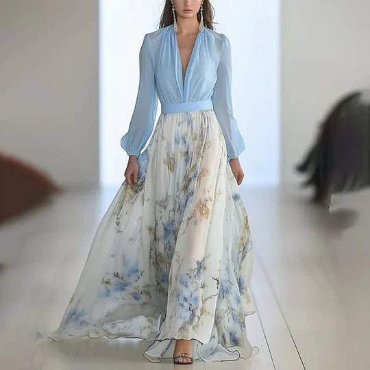 Women's Elegant Splicing Printed V-Neck Long Sleeve Maxi Dress