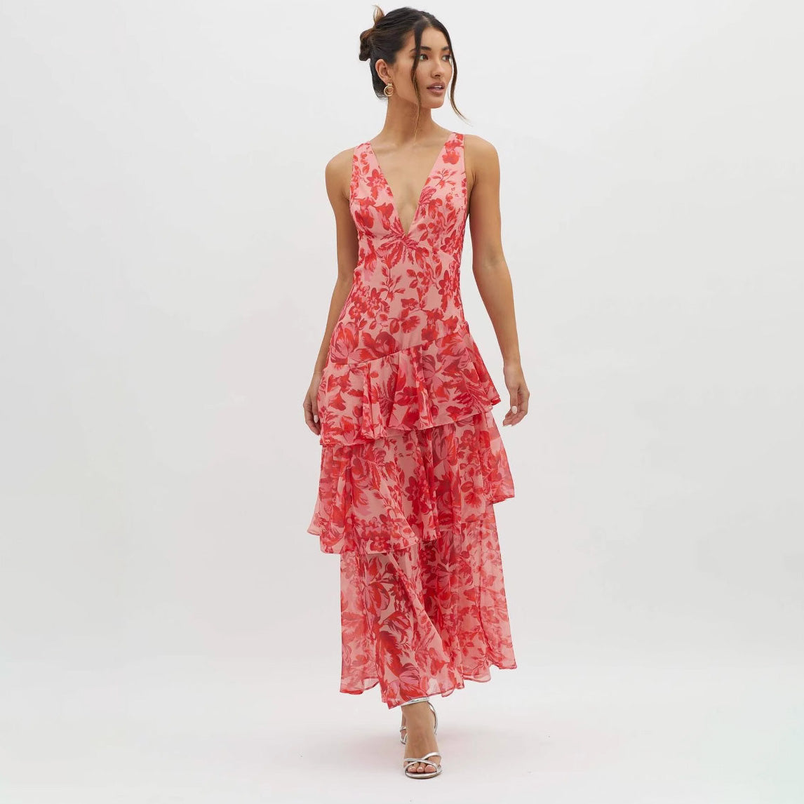 Women's Sexy Chiffon Ruffled Floral Printed V-Neck Sleeveless Slim-Fit Dress